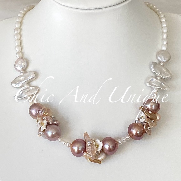 N3-Handmade Purple Edison Pearl, Keshi Pearl And Biwa Pearl Necklace - Picture 1 of 8